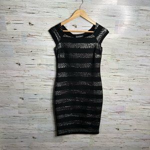 Frank Lyman black silver sheath midi dress ruffle size 4